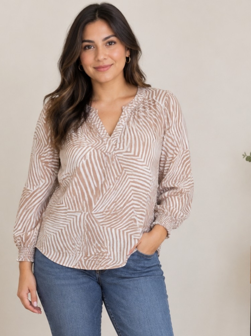Chico's Taupe & Cream Abstract Stripe Split-Neck Blouse